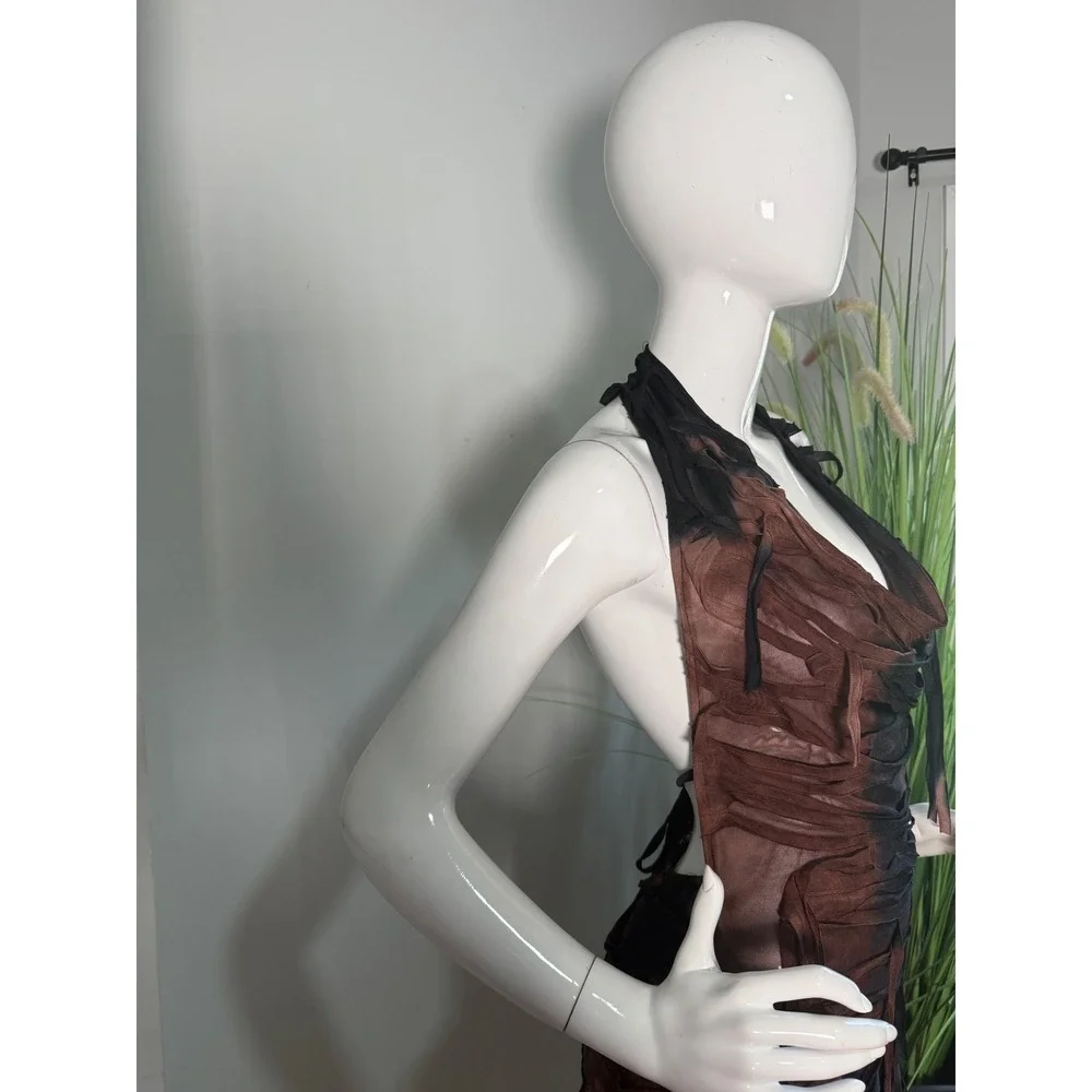 Micas Edgy Sheer Distressed Halter Mini Dress Backless Sexy Brown Black Mesh M‎